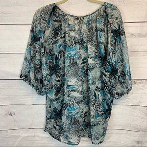 Lilly Lou chiffon women's top blue grey animal print dolman sleeve relaxed tie M